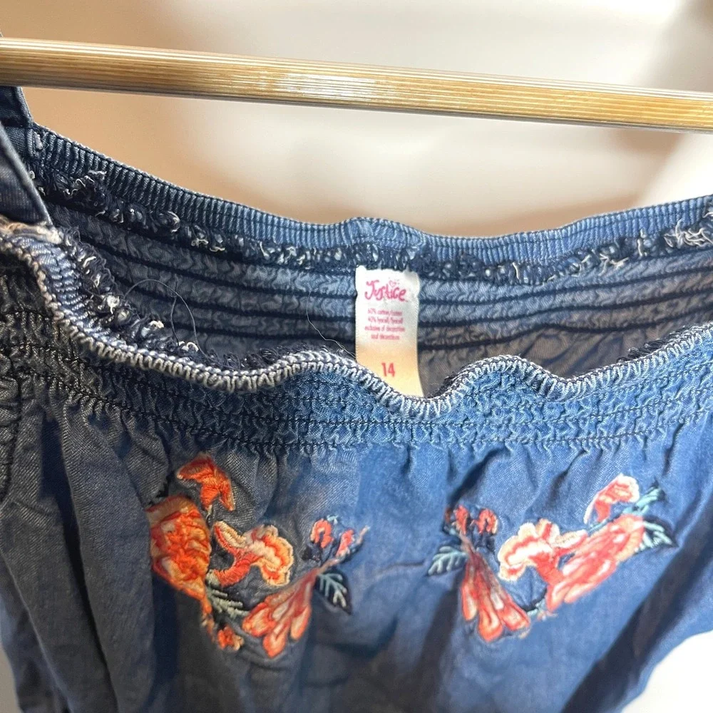 Justice Denim Jumpsuit Girls Size‎ 14 Blue Floral Drawstring Waist